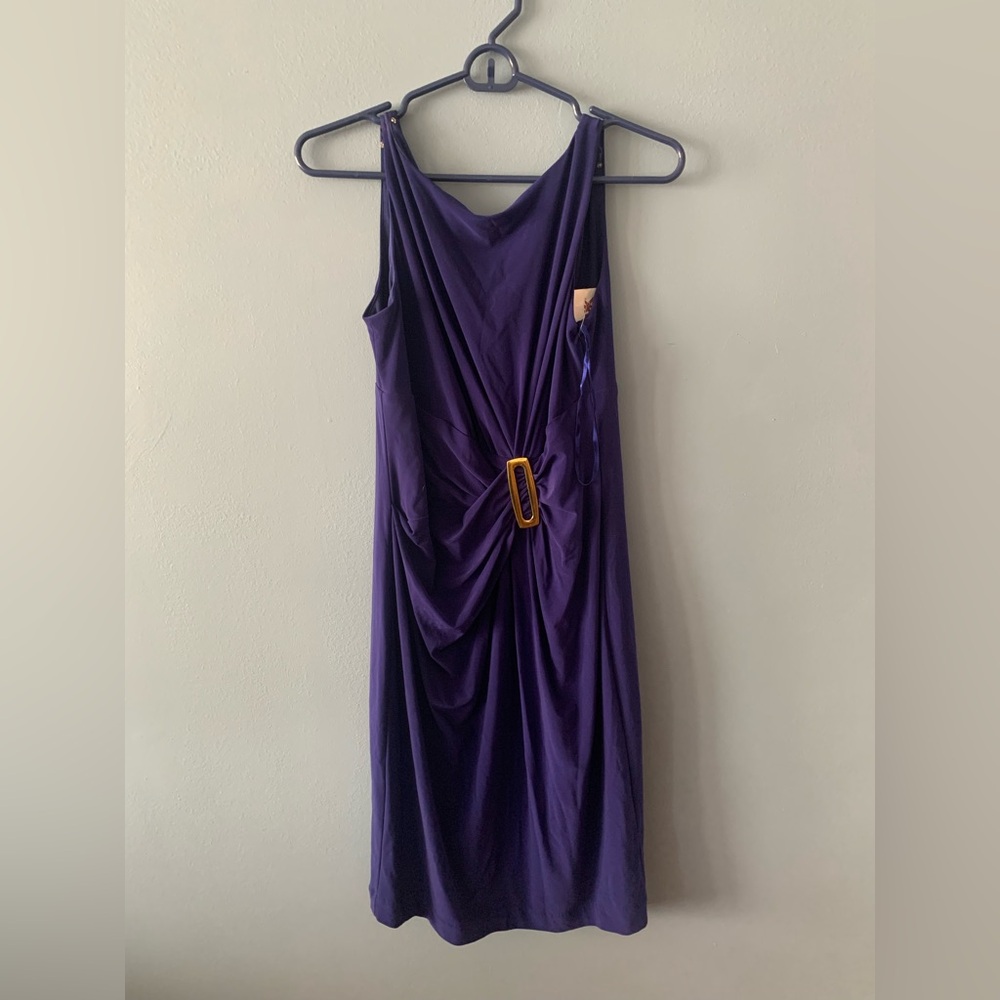 Anne Klein Deep Purple Draped Midi Dress with Gold Buckle